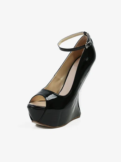 Women's Black Patent Leather Peep Toe with Buckle #Favs03030589