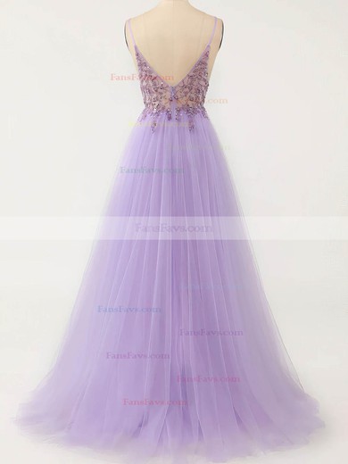 A-line V-neck Tulle Sweep Train Prom Dresses With Beading #Favs020114618