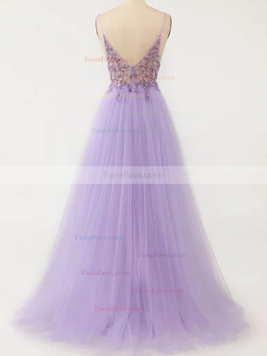 A-line V-neck Tulle Sweep Train Prom Dresses With Beading #Favs020114618