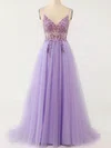 A-line V-neck Tulle Sweep Train Prom Dresses With Beading #Favs020114618