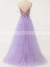 A-line V-neck Tulle Sweep Train Prom Dresses With Beading #Favs020114618