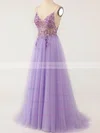 A-line V-neck Tulle Sweep Train Prom Dresses With Beading #Favs020114618
