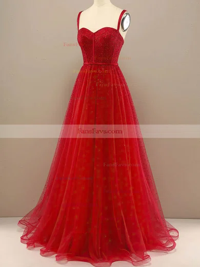 A-line Sweetheart Tulle Floor-length Prom Dresses With Beading #Favs020114620