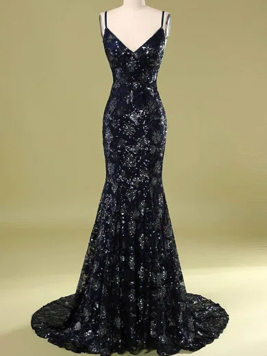 Trumpet/Mermaid V-neck Lace Sweep Train Prom Dresses With Sequins #Favs020114624