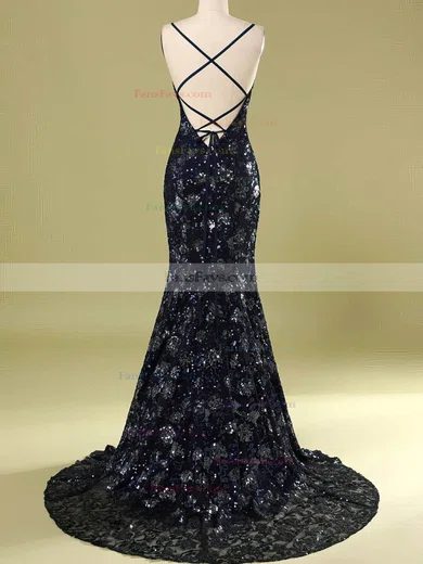 Trumpet/Mermaid V-neck Lace Sweep Train Prom Dresses With Sequins #Favs020114624