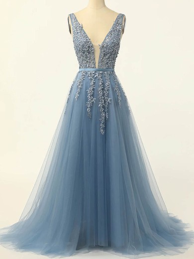 Princess V-neck Tulle Sweep Train Prom Dresses With Sashes / Ribbons #Favs020114625