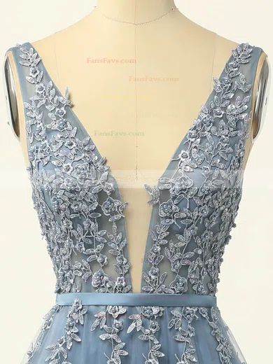 Princess V-neck Tulle Sweep Train Prom Dresses With Sashes / Ribbons #Favs020114625