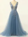 Princess V-neck Tulle Sweep Train Prom Dresses With Sashes / Ribbons #Favs020114625