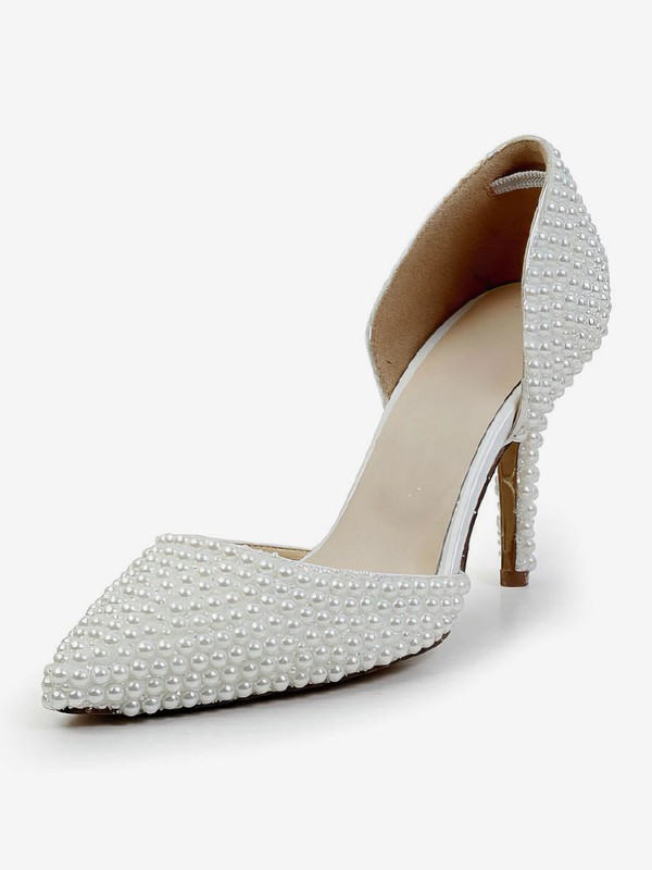 Women's White Patent Leather Pumps with Imitation Pearl