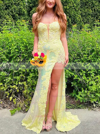 Sheath/Column Square Neckline Sequined Sweep Train Prom Dresses With Split Front #Favs020114630