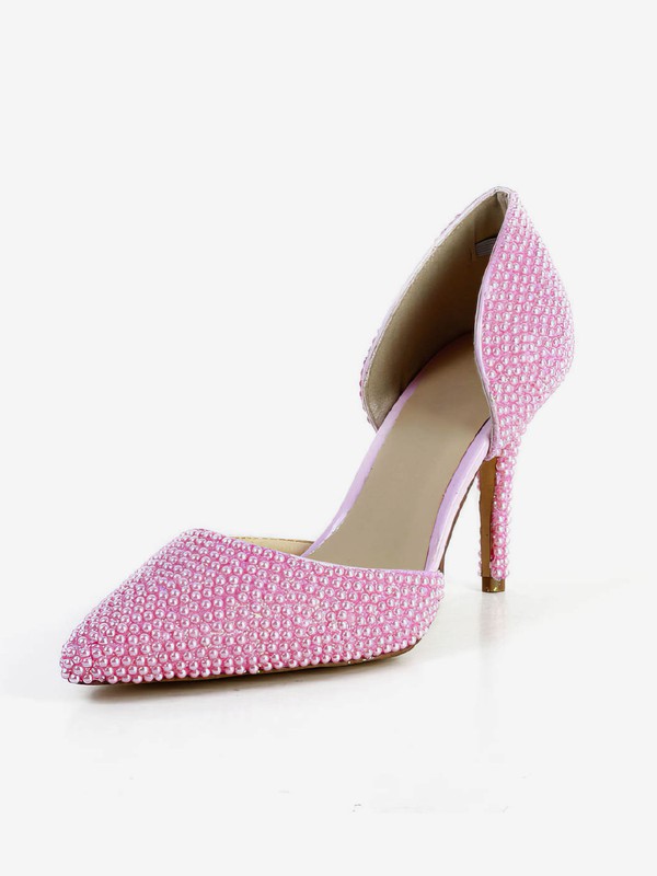 Women's Pink Patent Leather Pumps with Imitation Pearl