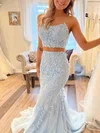 Trumpet/Mermaid Scoop Neck Tulle Sweep Train Prom Dresses With Appliques Lace #Favs020114654