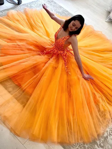 A-line V-neck Tulle Floor-length Prom Dresses With Appliques Lace #Favs020114678
