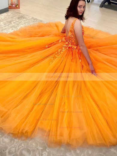A-line V-neck Tulle Floor-length Prom Dresses With Appliques Lace #Favs020114678