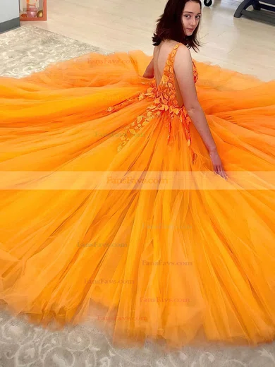 A-line V-neck Tulle Floor-length Prom Dresses With Appliques Lace #Favs020114678