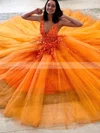 A-line V-neck Tulle Floor-length Prom Dresses With Appliques Lace #Favs020114678