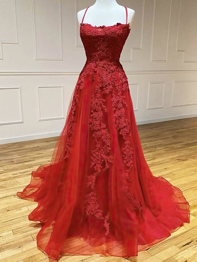 A-line Square Neckline Tulle Sweep Train Prom Dresses With Beading #Favs020114714