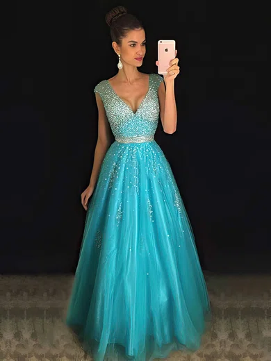 Princess V-neck Tulle Floor-length Beading Prom Dresses #Favs020102401