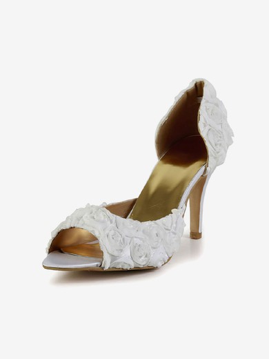 Women's White Satin Pumps with Flower #Favs03030605