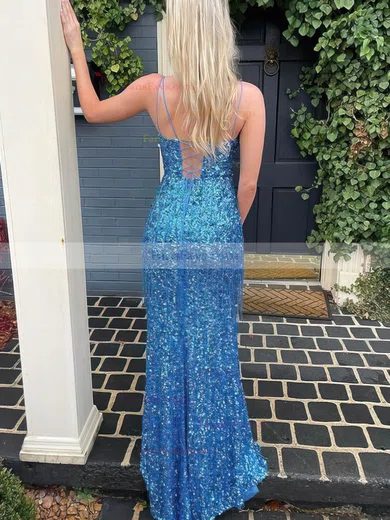 Sheath/Column V-neck Sequined Sweep Train Prom Dresses With Split Front #Favs020114741