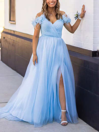 Princess Off-the-shoulder Tulle Sweep Train Prom Dresses With Feathers / Fur #Favs020114770