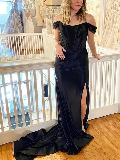 Sheath/Column Off-the-shoulder Silk-like Satin Sweep Train Prom Dresses With Split Front #Favs020114774