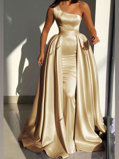 Sheath/Column One Shoulder Satin Detachable Prom Dresses #Favs020114778