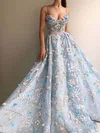 Ball Gown V-neck Tulle Sweep Train Prom Dresses With Flower(s) #Favs020114780