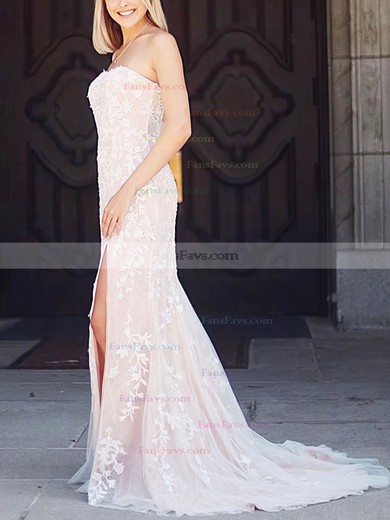 Sheath/Column Strapless Tulle Sweep Train Prom Dresses With Split Front #Favs020114806