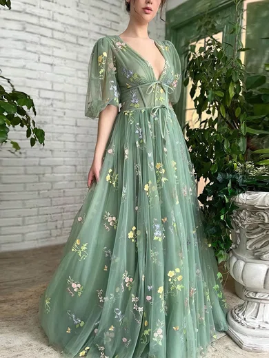 A-line V-neck Tulle Floor-length Prom Dresses With Appliques Lace #Favs020114809