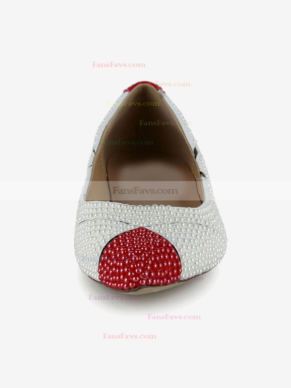 Women's White Patent Leather Flats with Imitation Pearl