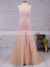 Trumpet/Mermaid V-neck Tulle Floor-length Appliques Lace Prom Dresses #Favs020102421