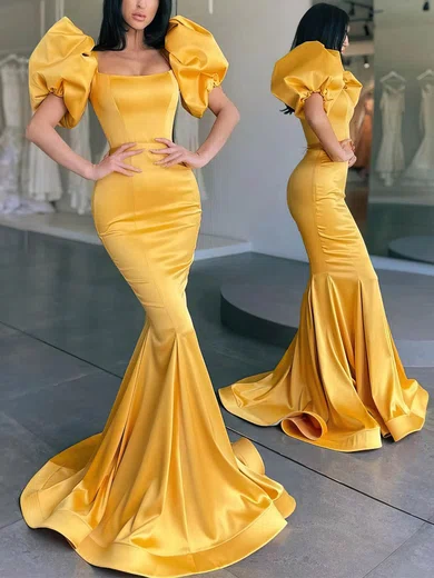 Trumpet/Mermaid Square Neckline Satin Sweep Train Prom Dresses #Favs020114822