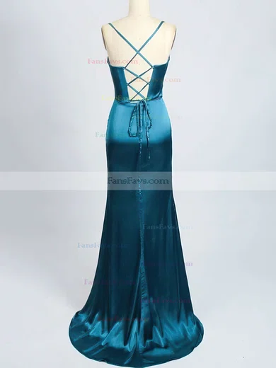 Sheath/Column Sweetheart Silk-like Satin Sweep Train Prom Dresses With Split Front #Favs020114853