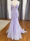 Trumpet/Mermaid V-neck Tulle Glitter Sweep Train Prom Dresses With Appliques Lace #Favs020114857