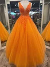 Ball Gown V-neck Tulle Sweep Train Prom Dresses With Beading #Favs020114867