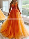 Ball Gown V-neck Tulle Sweep Train Prom Dresses With Beading #Favs020114867