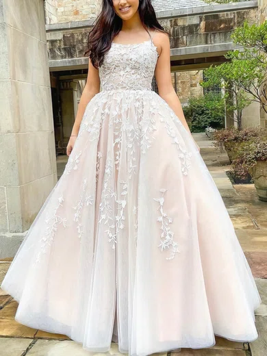 A-line Scoop Neck Tulle Sweep Train Prom Dresses With Appliques Lace #Favs020114878