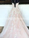 A-line Scoop Neck Tulle Sweep Train Prom Dresses With Appliques Lace #Favs020114878