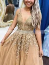 A-line V-neck Tulle Sweep Train Prom Dresses With Appliques Lace #Favs020114889