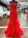 Sheath/Column Strapless Tulle Sweep Train Prom Dresses With Cascading Ruffles #Favs020114901