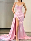 Sheath/Column V-neck Silk-like Satin Sweep Train Prom Dresses With Split Front #Favs020114906