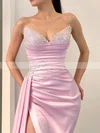 Sheath/Column V-neck Silk-like Satin Sweep Train Prom Dresses With Split Front #Favs020114906