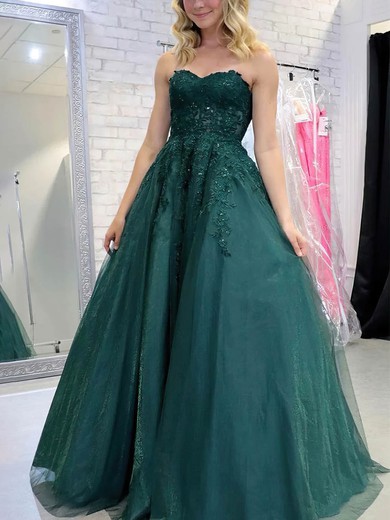 Ball Gown Sweetheart Tulle Sweep Train Prom Dresses With Appliques Lace #Favs020114911
