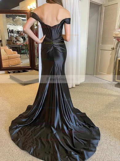 Sheath/Column Off-the-shoulder Silk-like Satin Sweep Train Prom Dresses With Split Front #Favs020114923