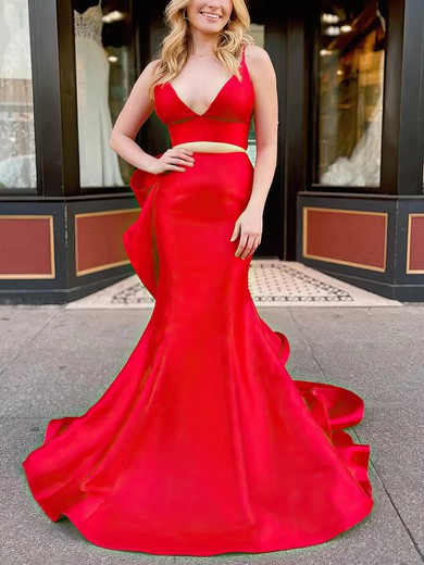 Trumpet/Mermaid V-neck Satin Sweep Train Prom Dresses With Cascading Ruffles #Favs020114924