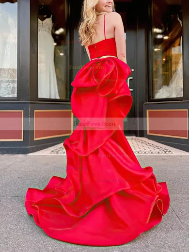 Trumpet/Mermaid V-neck Satin Sweep Train Prom Dresses With Cascading Ruffles #Favs020114924
