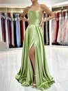 A-line Square Neckline Silk-like Satin Sweep Train Prom Dresses With Split Front #Favs020114929