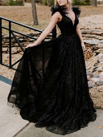 Ball Gown V-neck Glitter Sweep Train Prom Dresses With Feathers / Fur #Favs020114934