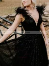 Ball Gown V-neck Glitter Sweep Train Prom Dresses With Feathers / Fur #Favs020114934